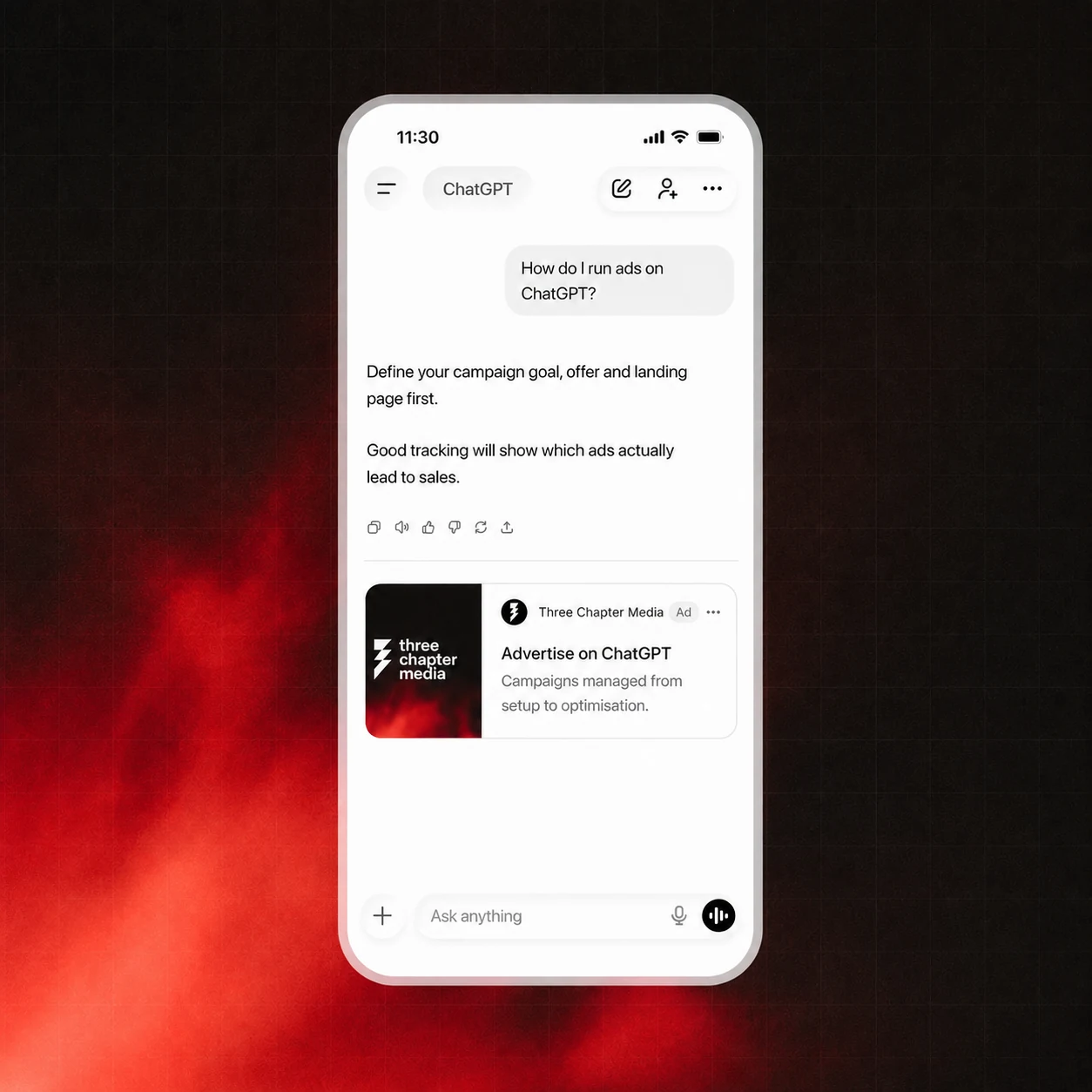 ChatGPT Ads reklamos pavyzdys pokalbio lange