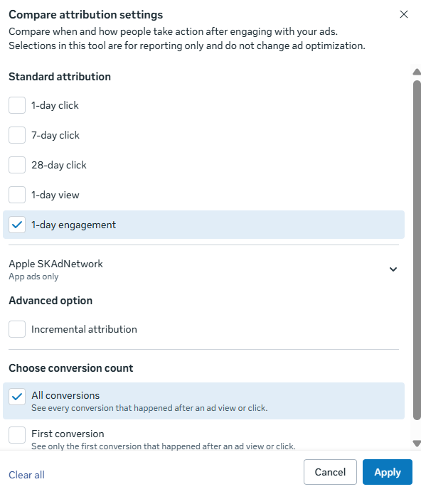 Meta Ads Manager compare attribution settings panel showing 1-day engagement option selected alongside 7-day click
